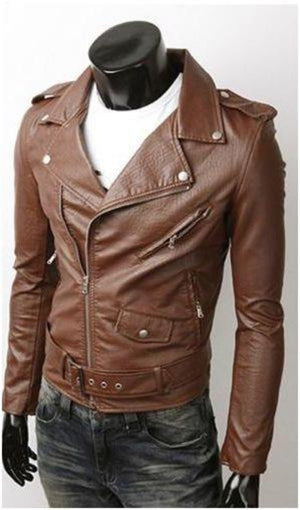 Mens Vegan Leather Motorcycle Jacket in Brown - Yahko Merchandise