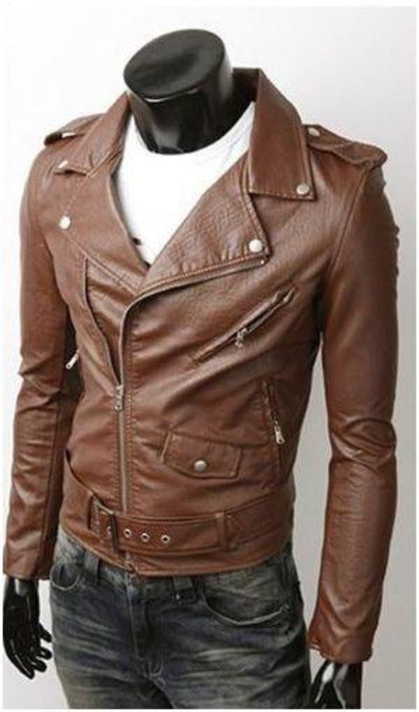 Mens Vegan Leather Motorcycle Jacket in Brown - Yahko Merchandise