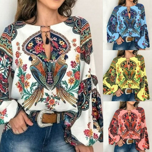 Floral V-Neck Long Lantern Sleeve