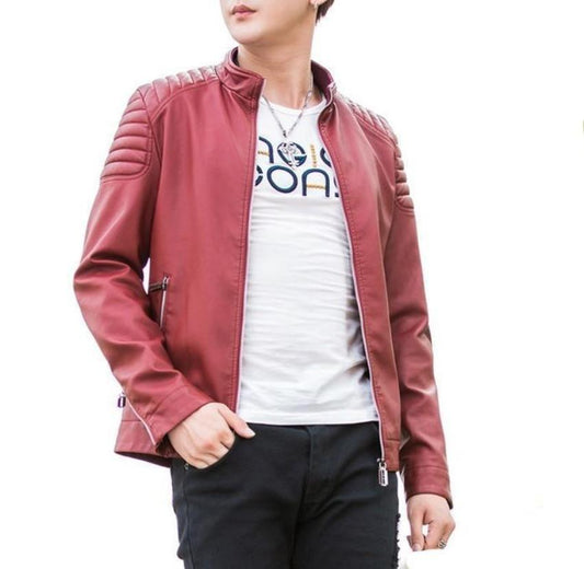 Mens Slim Leather Fit Red Biker Faux Jacket