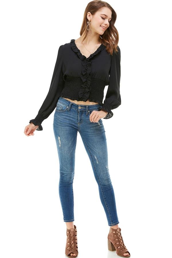 Ruffle Neck Smock Waist Long Sleeve Blouse - Yahko Merchandise