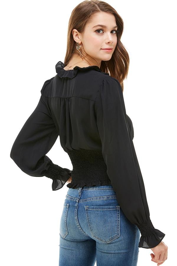 Ruffle Neck Smock Waist Long Sleeve Blouse - Yahko Merchandise