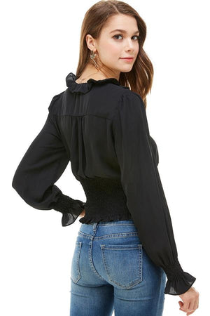 Ruffle Neck Smock Waist Long Sleeve Blouse - Yahko Merchandise