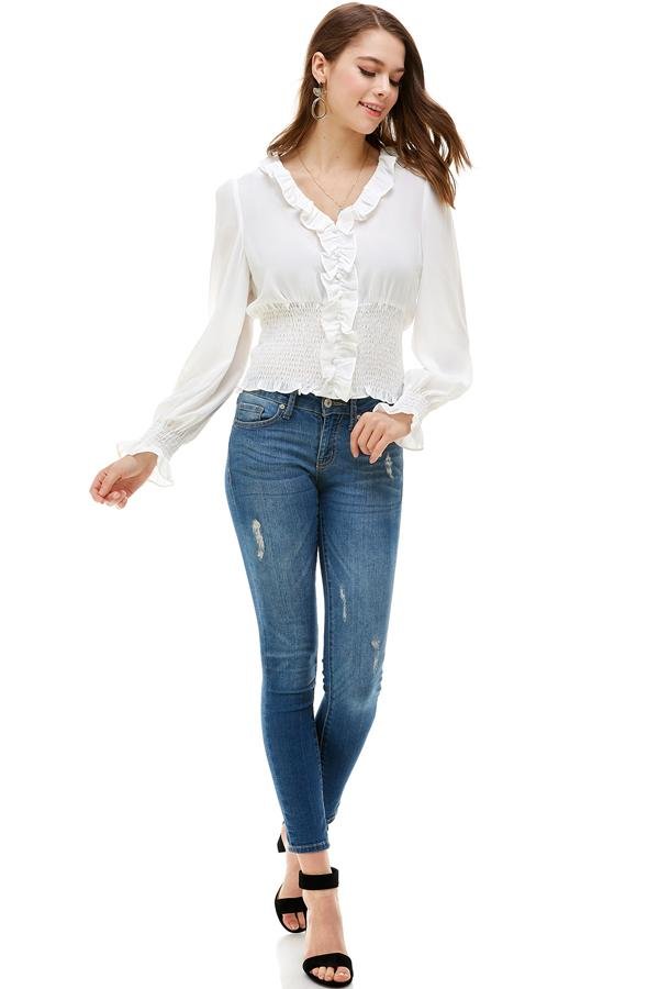 Ruffle Neck Smock Waist Long Sleeve Blouse - Yahko Merchandise