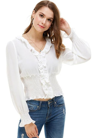 Ruffle Neck Smock Waist Long Sleeve Blouse - Yahko Merchandise