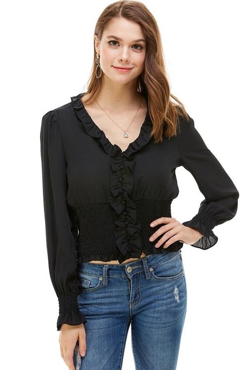 Ruffle Neck Smock Waist Long Sleeve Blouse - Yahko Merchandise