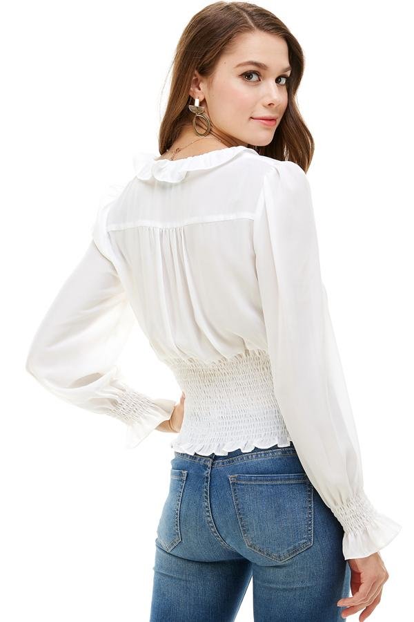 Ruffle Neck Smock Waist Long Sleeve Blouse - Yahko Merchandise