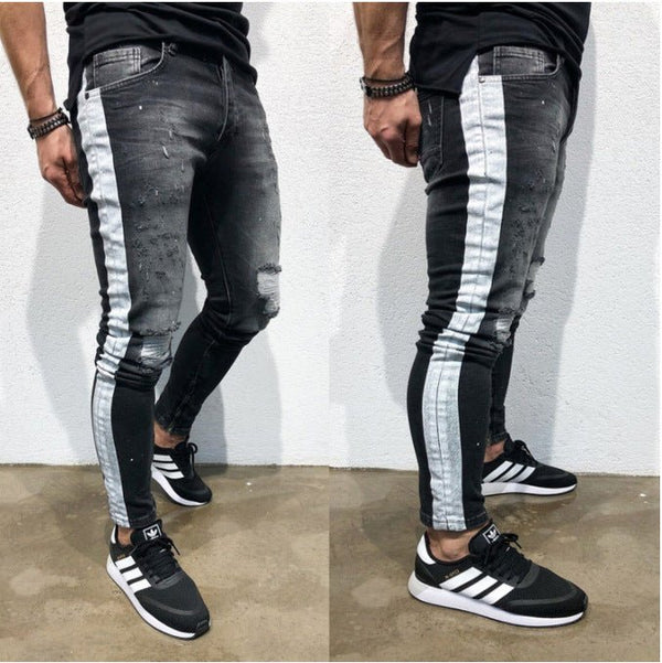 Shredded feet jeans side print jeans men - Yahko Merchandise