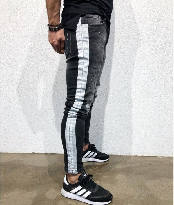 Shredded feet jeans side print jeans men - Yahko Merchandise
