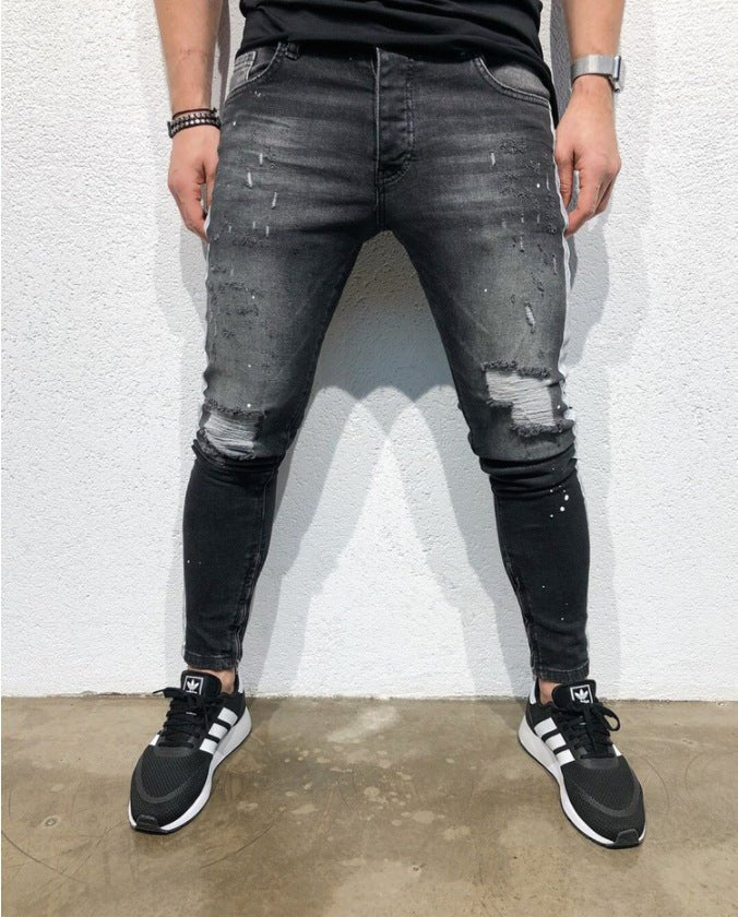 Shredded feet jeans side print jeans men - Yahko Merchandise
