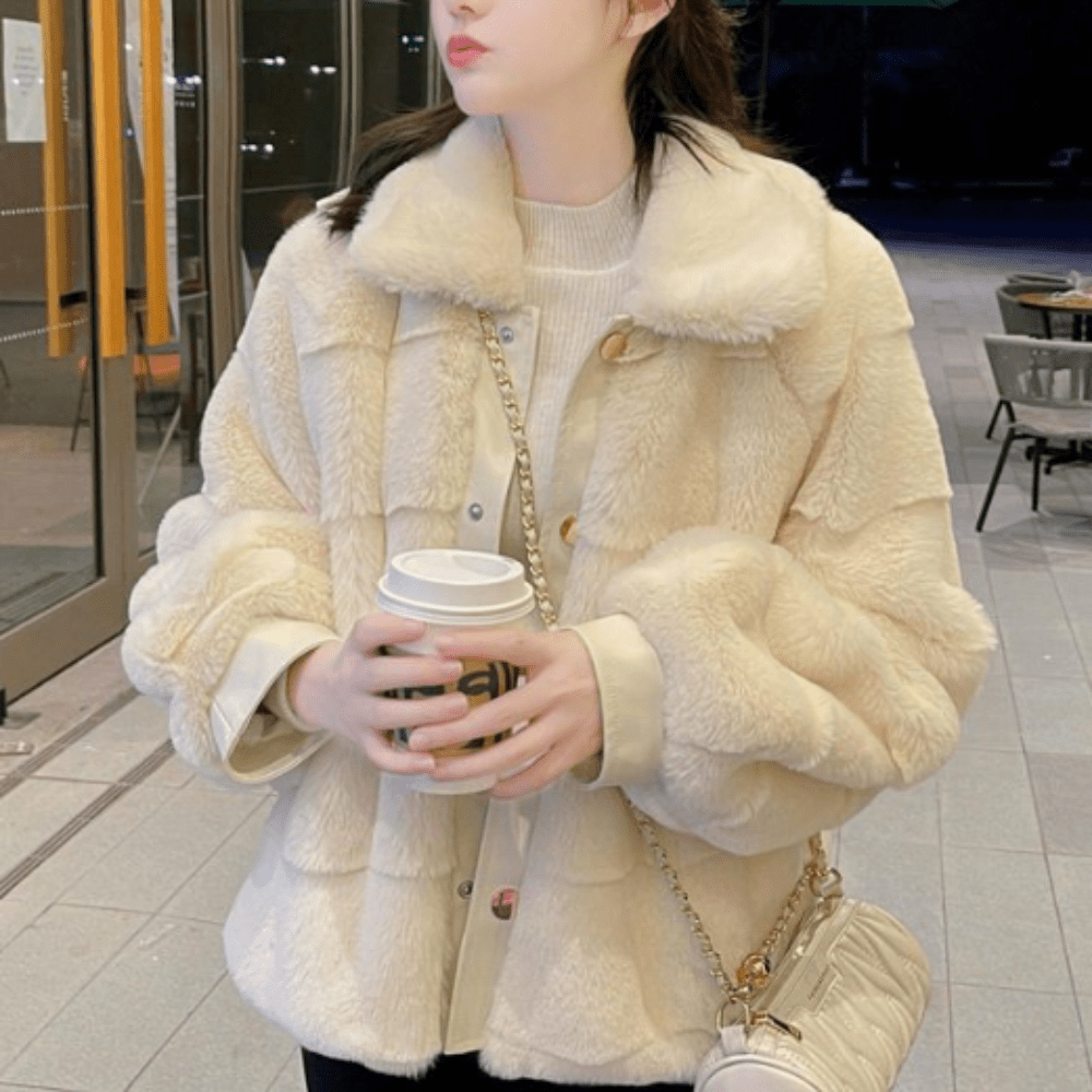 Womens Faux Fur Jacket With Vegan Leather Trimmed Cuffs - Yahko Merchandise