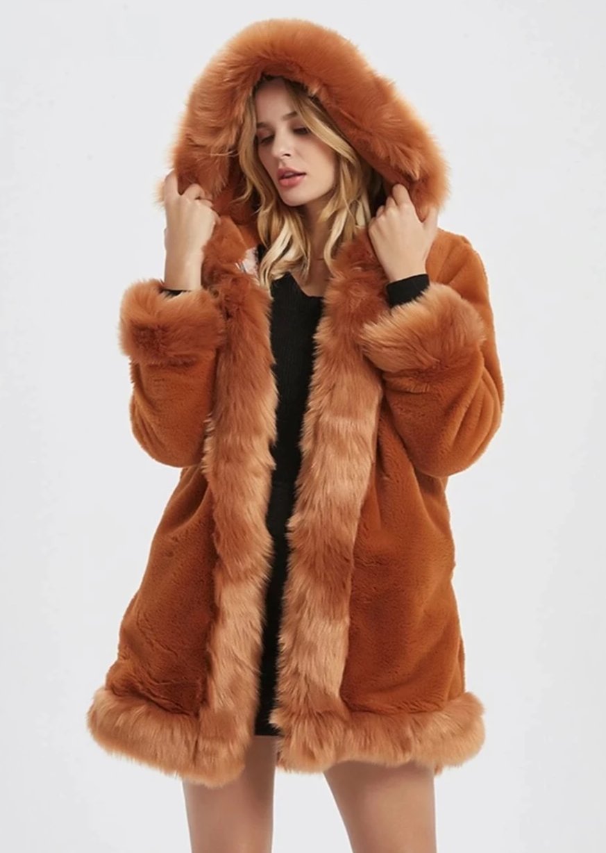 Womens Hooded Faux Fur Collar Coat - Yahko Merchandise