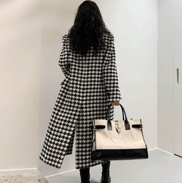 Womens Houndstooth Pattern Long Coat - Yahko Merchandise