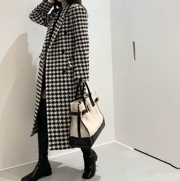 Womens Houndstooth Pattern Long Coat - Yahko Merchandise