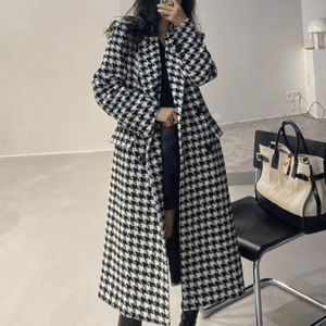 Womens Houndstooth Pattern Long Coat - Yahko Merchandise