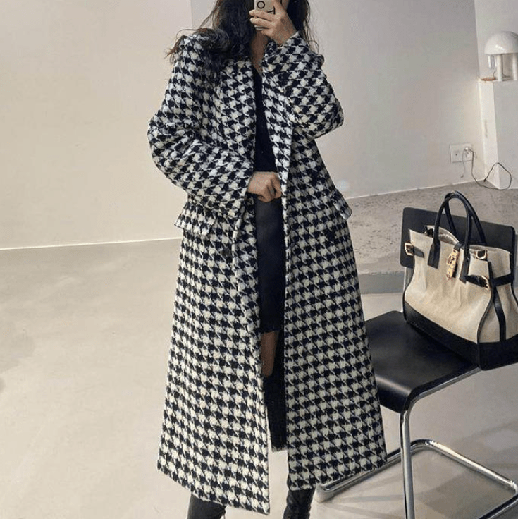 Womens Houndstooth Pattern Long Coat - Yahko Merchandise
