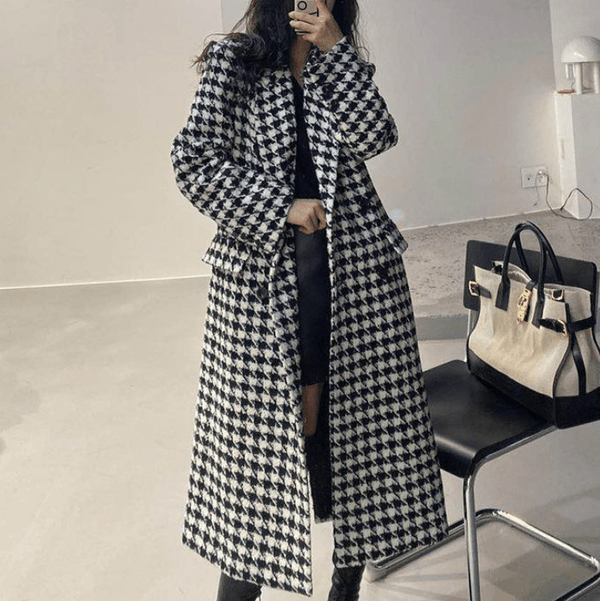 Womens Houndstooth Pattern Long Coat - Yahko Merchandise