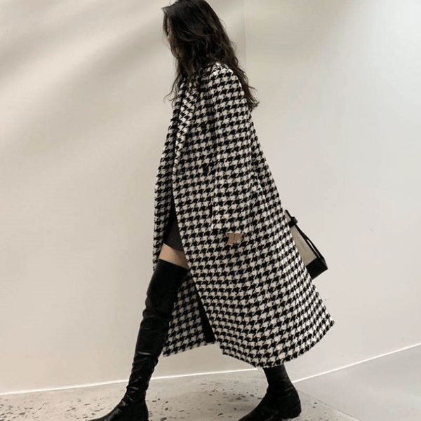 Womens Houndstooth Pattern Long Coat - Yahko Merchandise