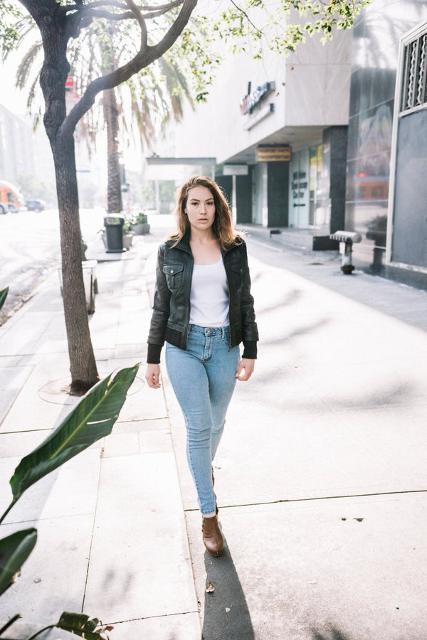 Women's Leather Bomber Jacket - Yahko Merchandise