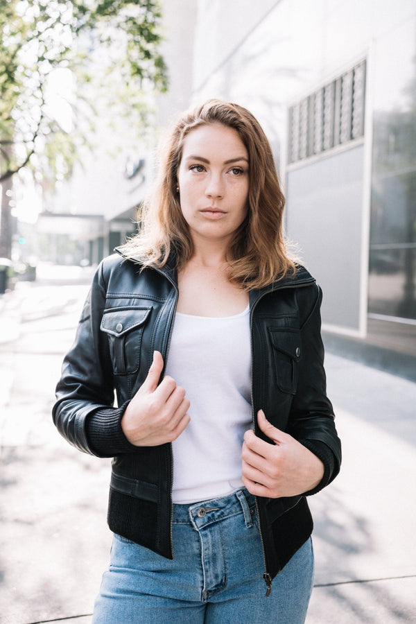 Women's Leather Bomber Jacket - Yahko Merchandise