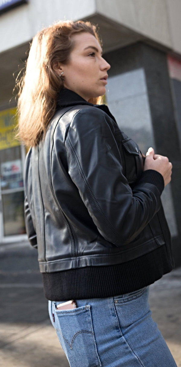 Women's Leather Bomber Jacket - Yahko Merchandise