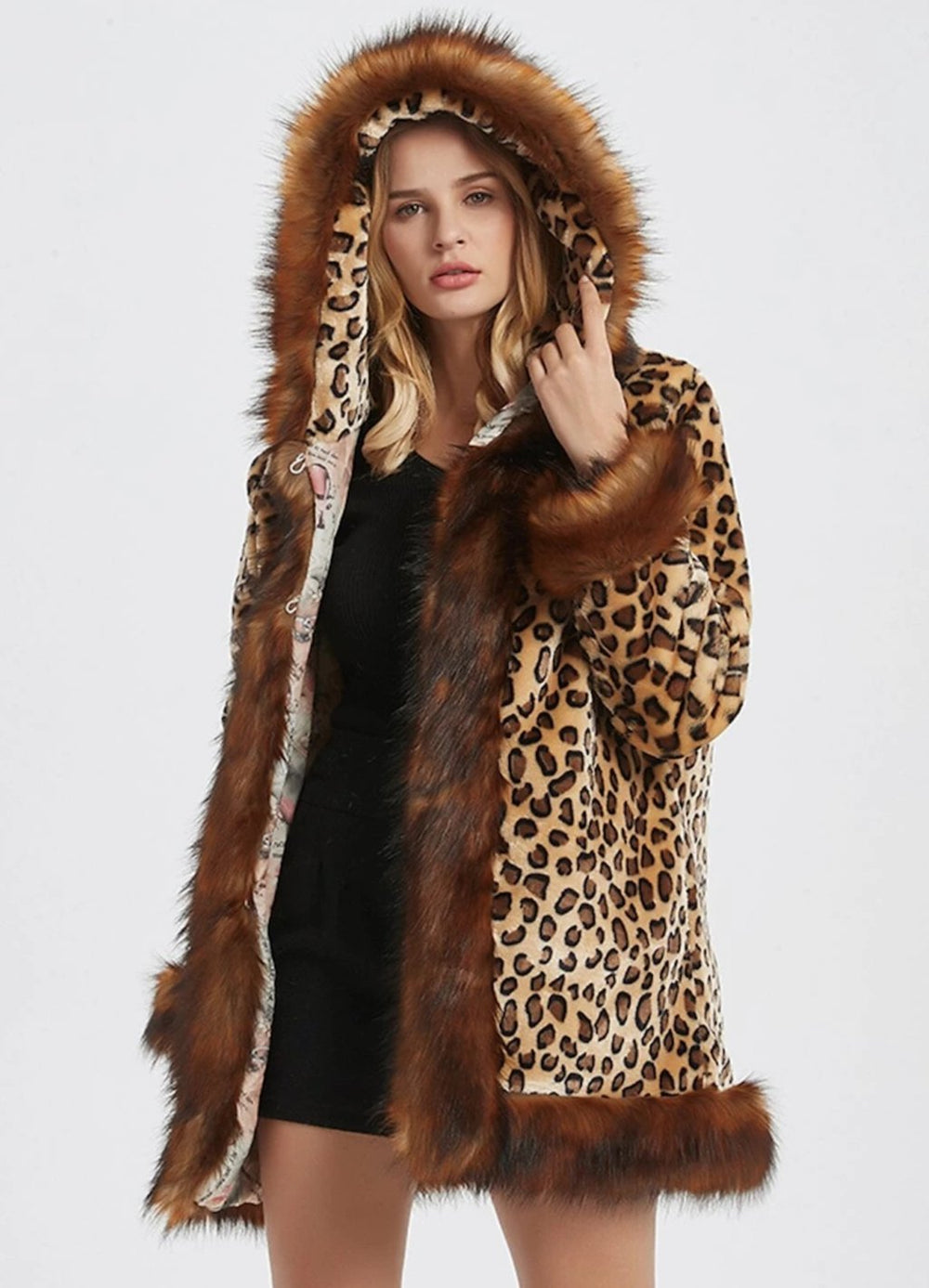 Womens Leopard Print Hooded Faux Fur Collar Jacket - Yahko Merchandise