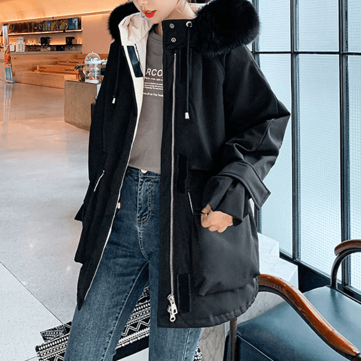 Womens Mid Length Zipper Coat with Furry Hood - Yahko Merchandise