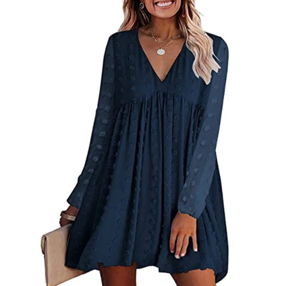 Womens V Neck Long Sleeves Flowy Dress - Yahko Merchandise