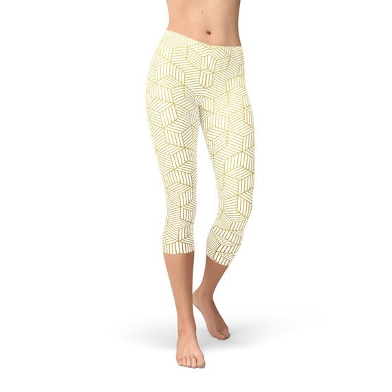 Womens White Capri Leggings w/ Geometric Cubes - Yahko Merchandise