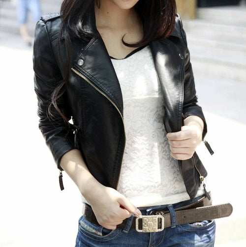 Cropped Vegan Leather Jacket with Pocket for Women